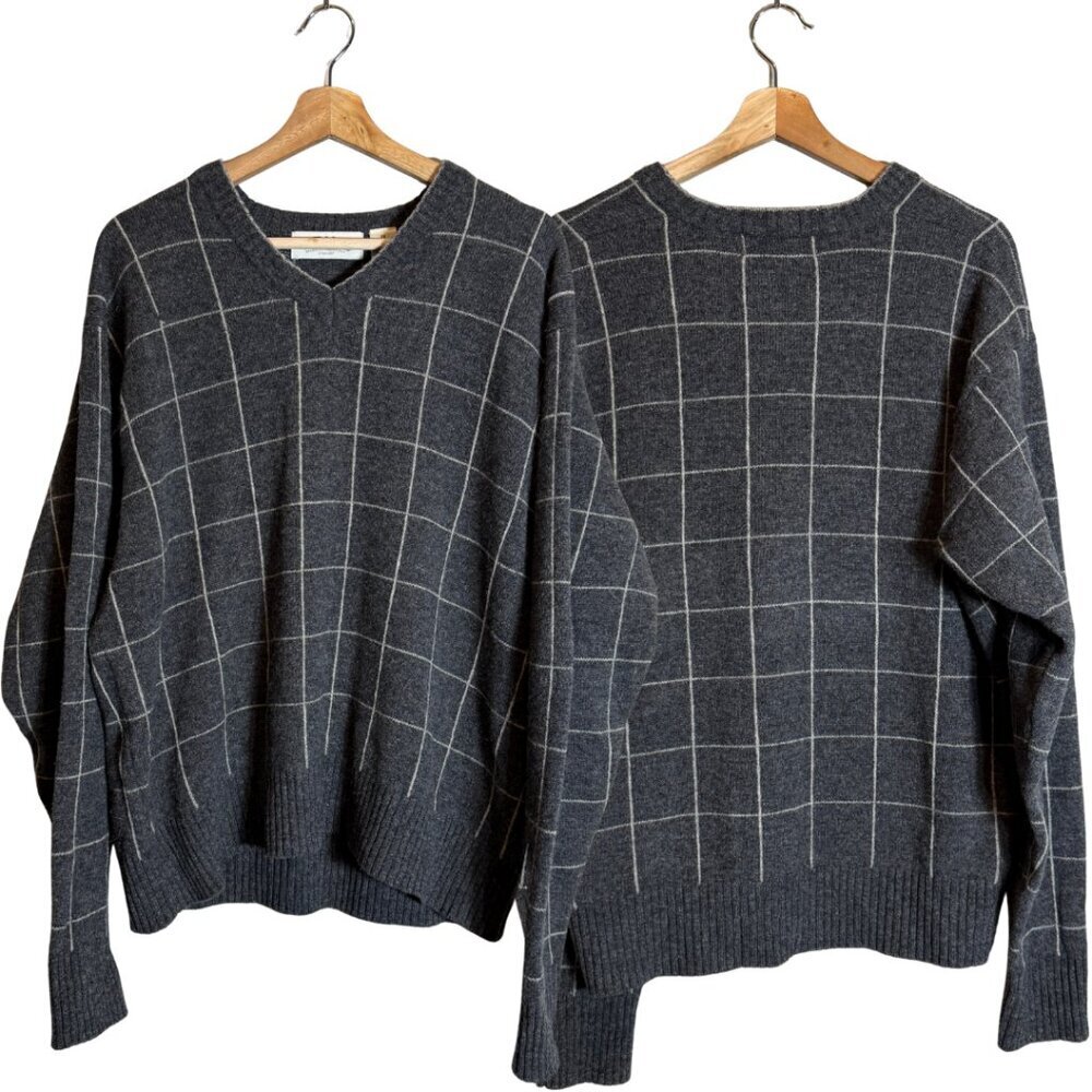 Orvis 100% Wool Windowpane V-Neck Knit Sweater Pullover Men's Medium Gray NWOT